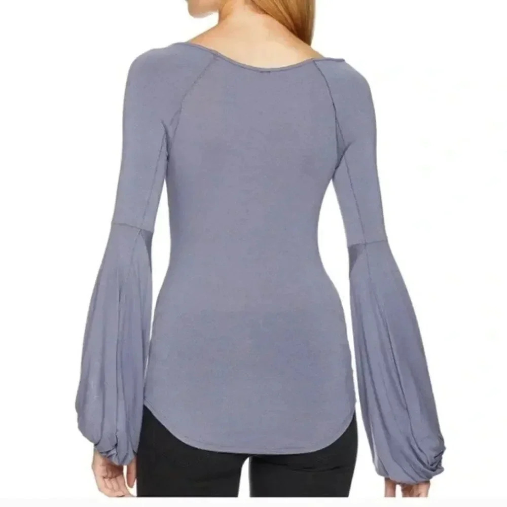 Free People To The Tropics Top Blouse Long Sleeve Tee Shirt Blue New Size Small - Picture 2 of 11
